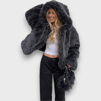 Leyana – Oversized Faux Fur Jacket with Hood in Smoky Grey