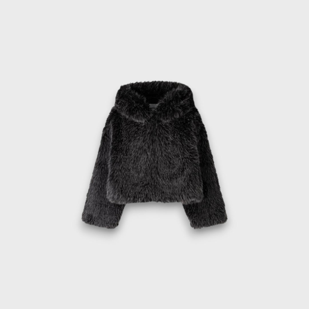 Leyana – Oversized Faux Fur Jacket with Hood in Smoky Grey