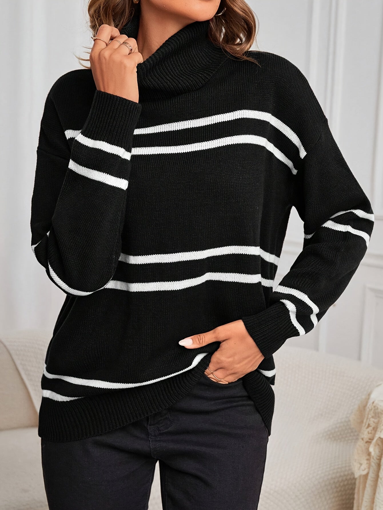 Thea – Striped High Neck Jumper