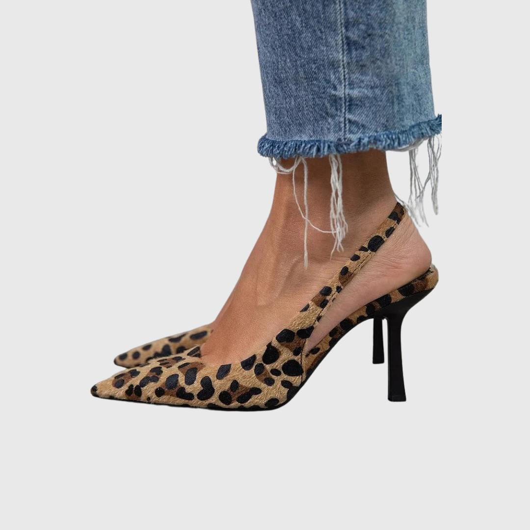 Seda - Khaki stiletto heels with pointed toe and leopard print