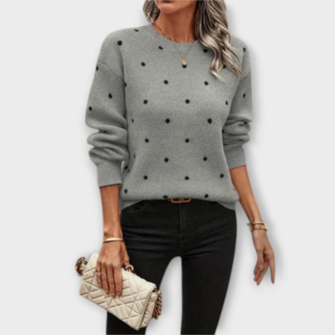 Ava – Casual Long Sleeve Knitted Jumper with Polka Dot Pattern