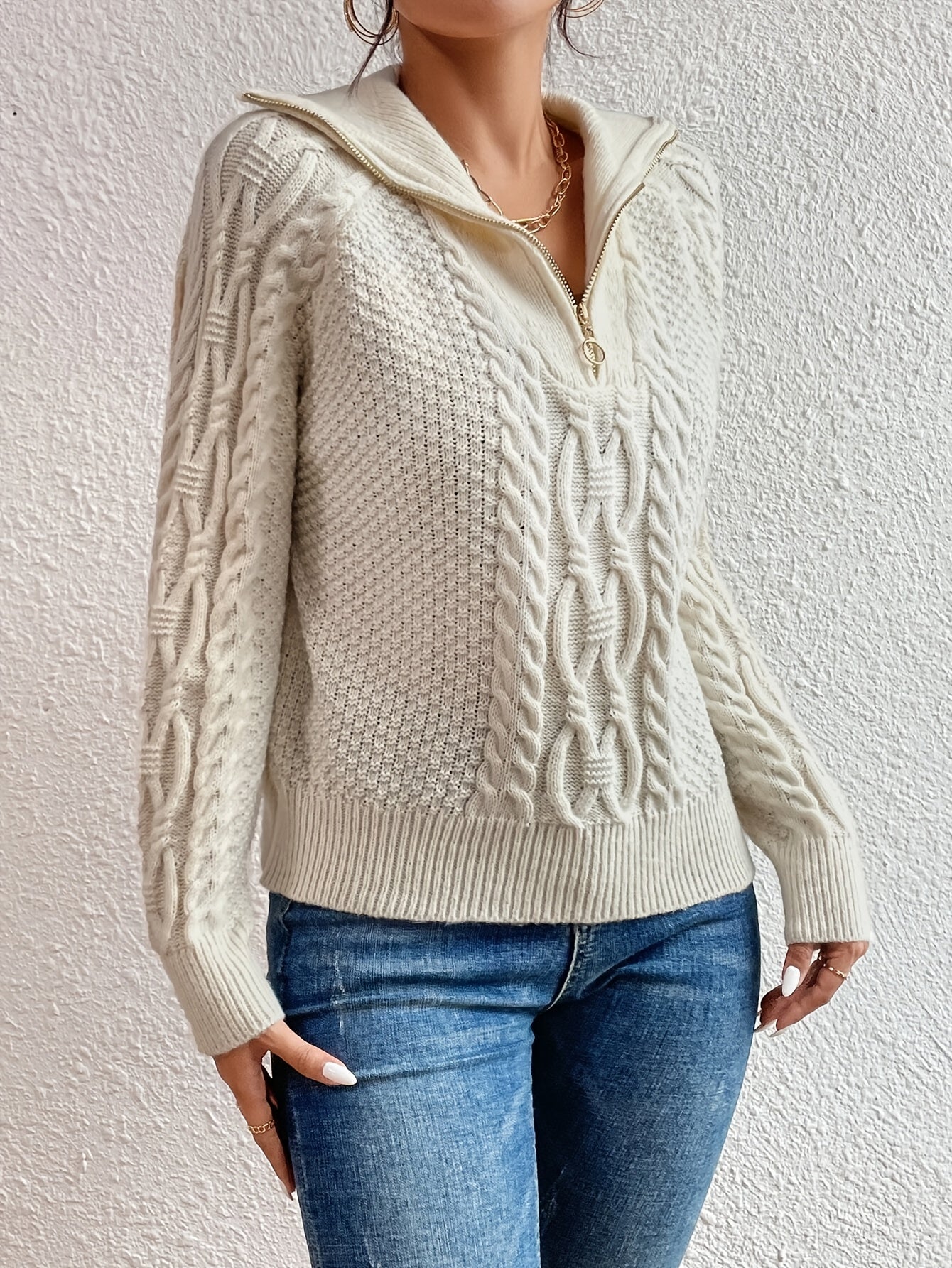 Harlow – Cable Knit Jumper with Zip Neck