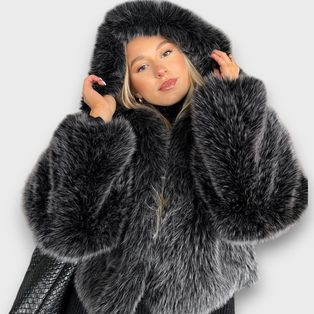 Leyana – Oversized Faux Fur Jacket with Hood in Smoky Grey