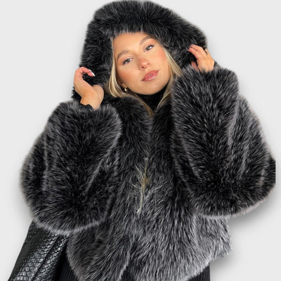 Leyana – Oversized Faux Fur Jacket with Hood in Smoky Grey