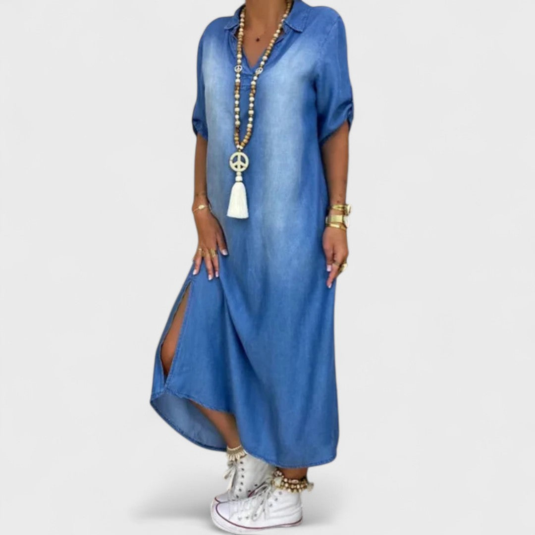 Ilse - Summer Dress with V-Neck in Denim