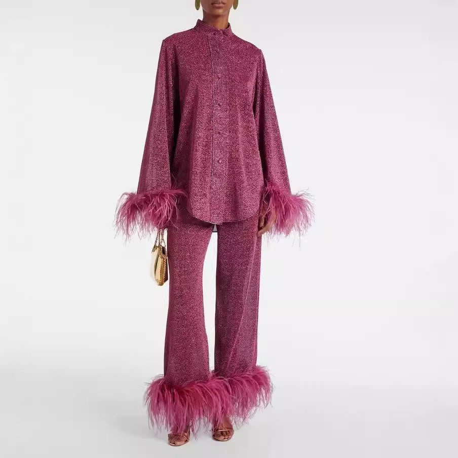 Lya - Two-Piece Set with Feather Collar