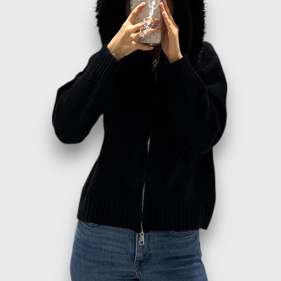 Alisanne – Zip-up Knit Jacket with Faux Fur Collar