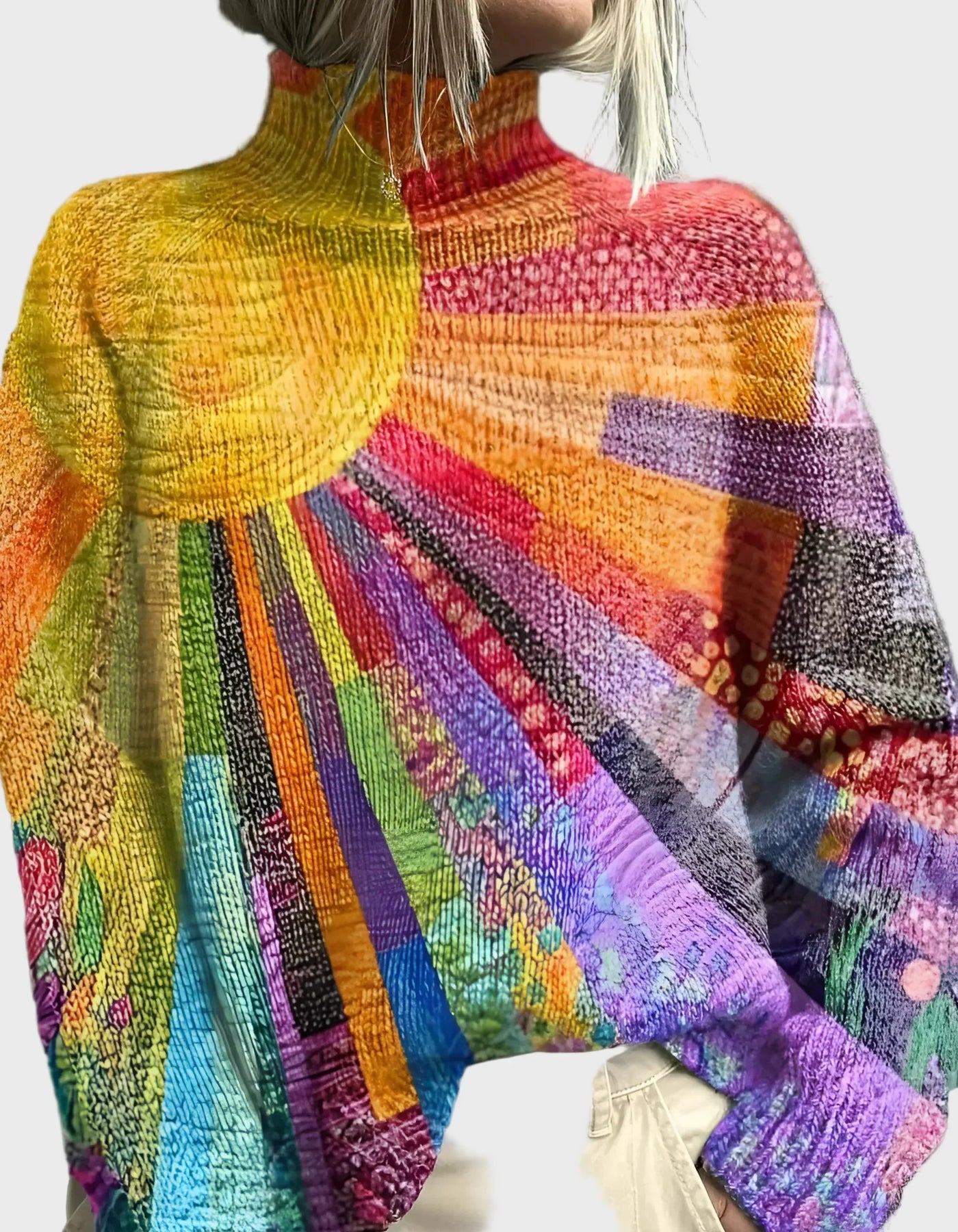 High-neck jumper with vibrant pattern