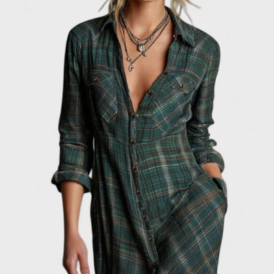 Lange - Long dress with green checked lapels