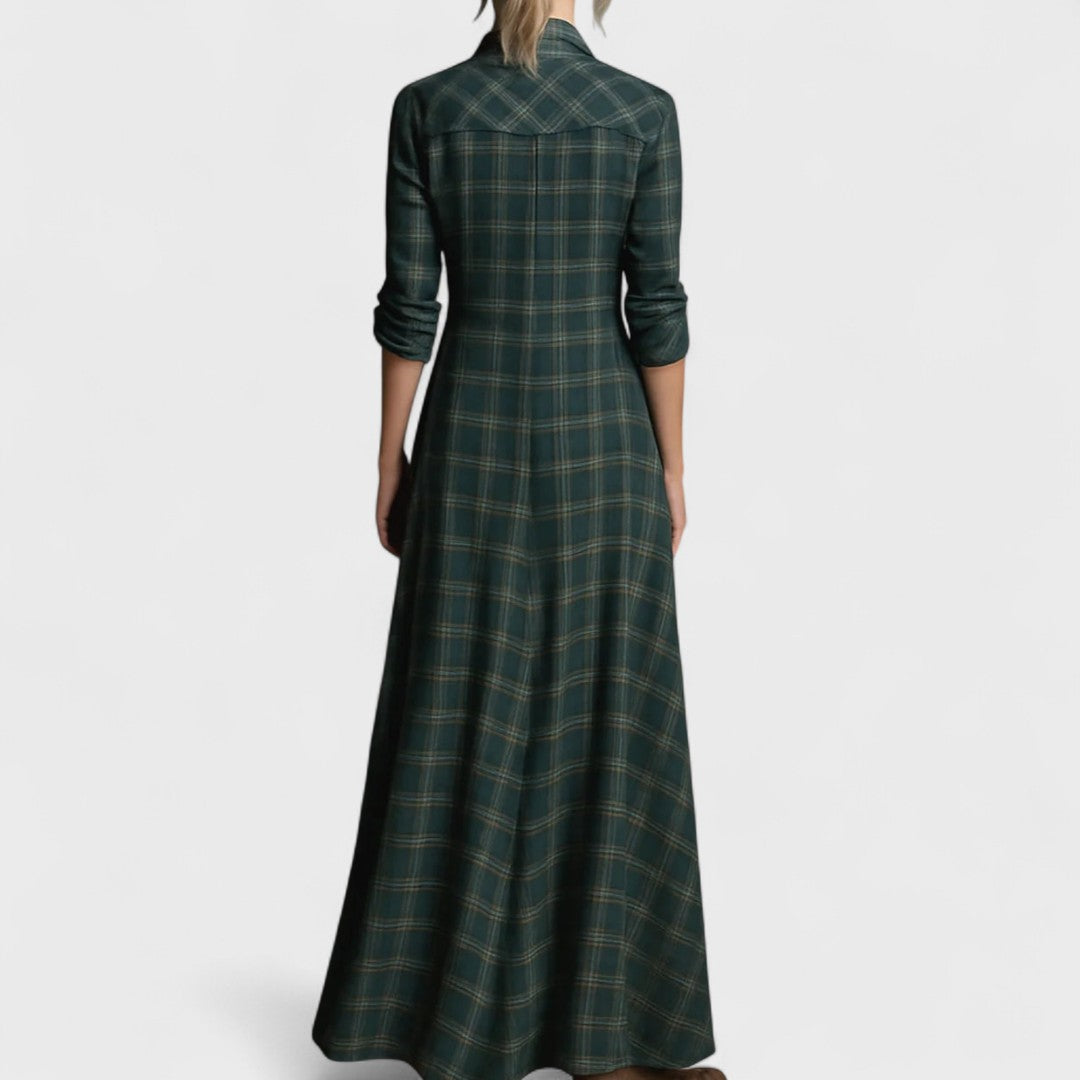 Lange - Long dress with green checked lapels