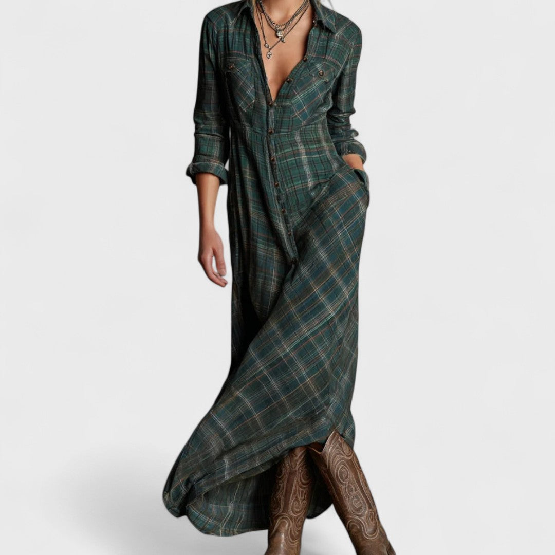 Lange - Long dress with green checked lapels