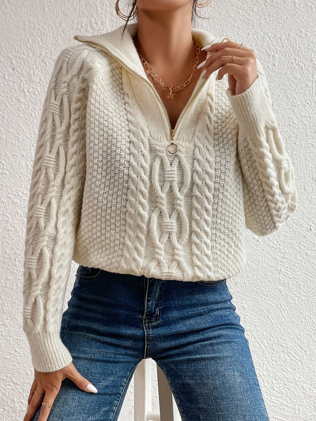 Harlow – Cable Knit Jumper with Zip Neck