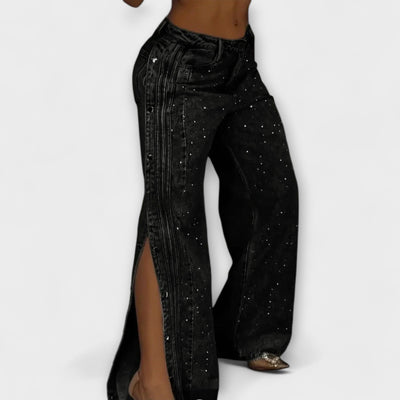 Nola - High-Waisted Jeans with Rhinestone Decorations and Side Buttons