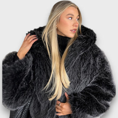 Leyana – Oversized Faux Fur Jacket with Hood in Smoky Grey