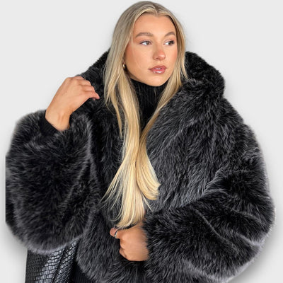 Leyana – Oversized Faux Fur Jacket with Hood in Smoky Grey