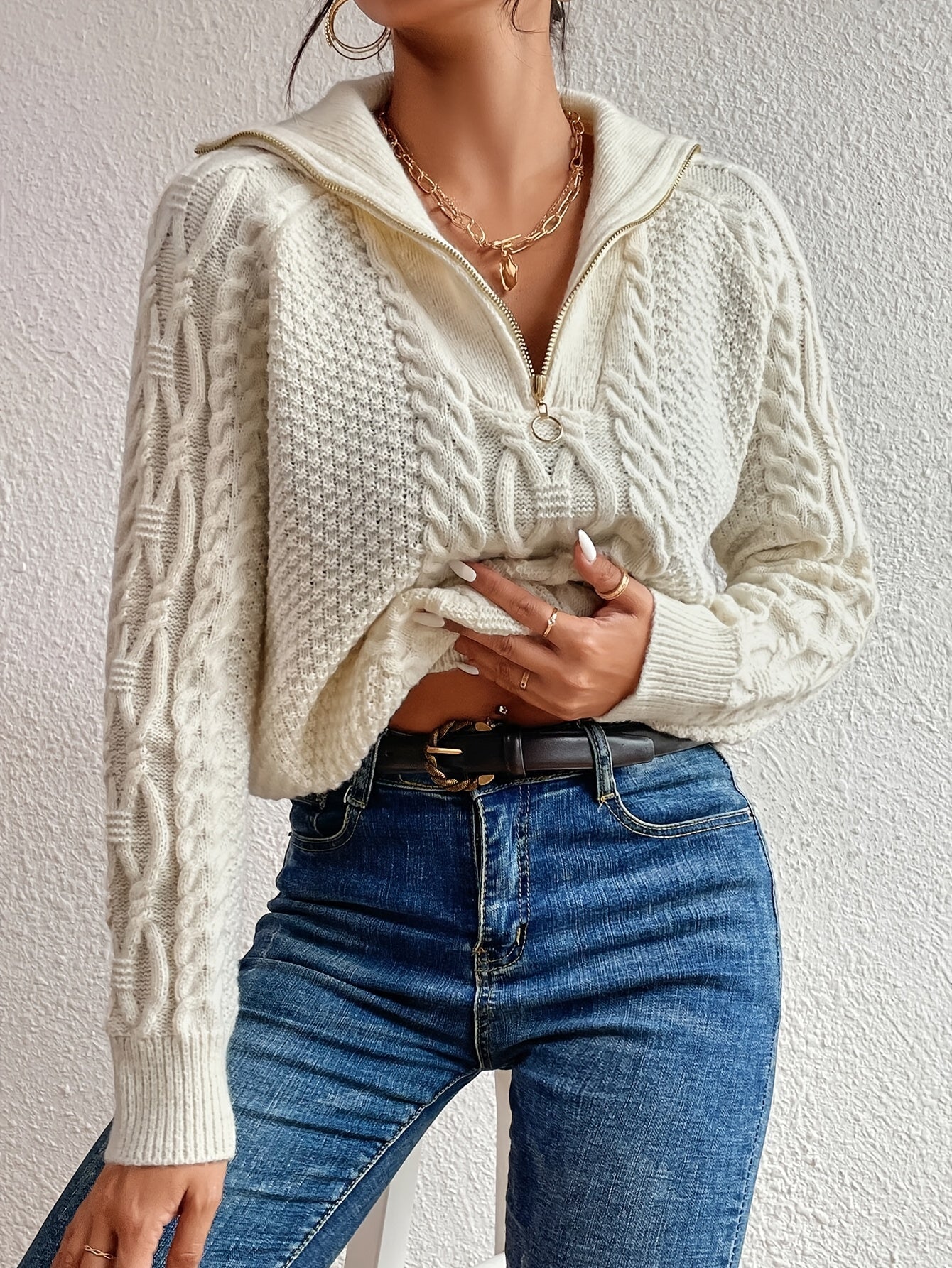 Harlow – Cable Knit Jumper with Zip Neck