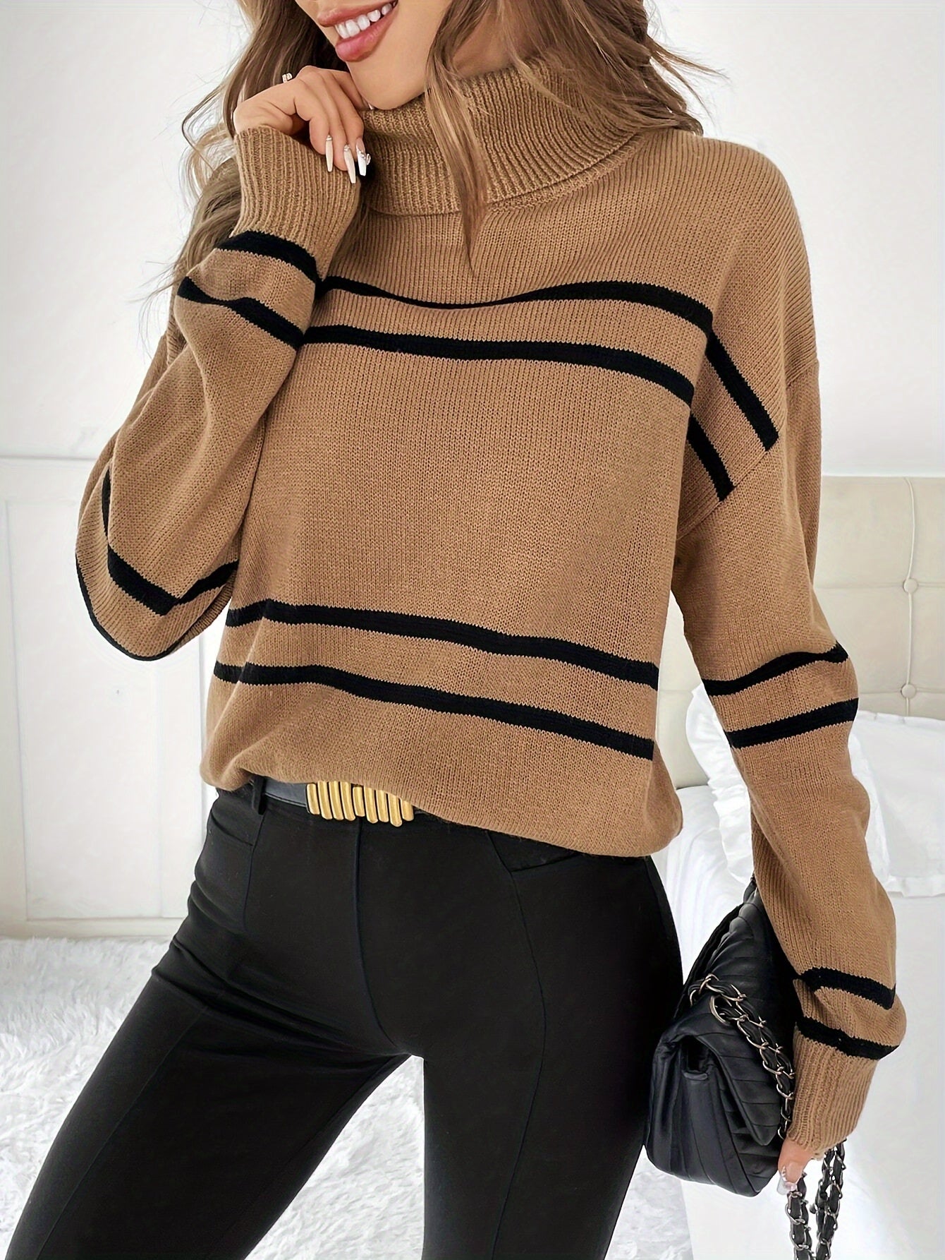 Thea – Striped High Neck Jumper